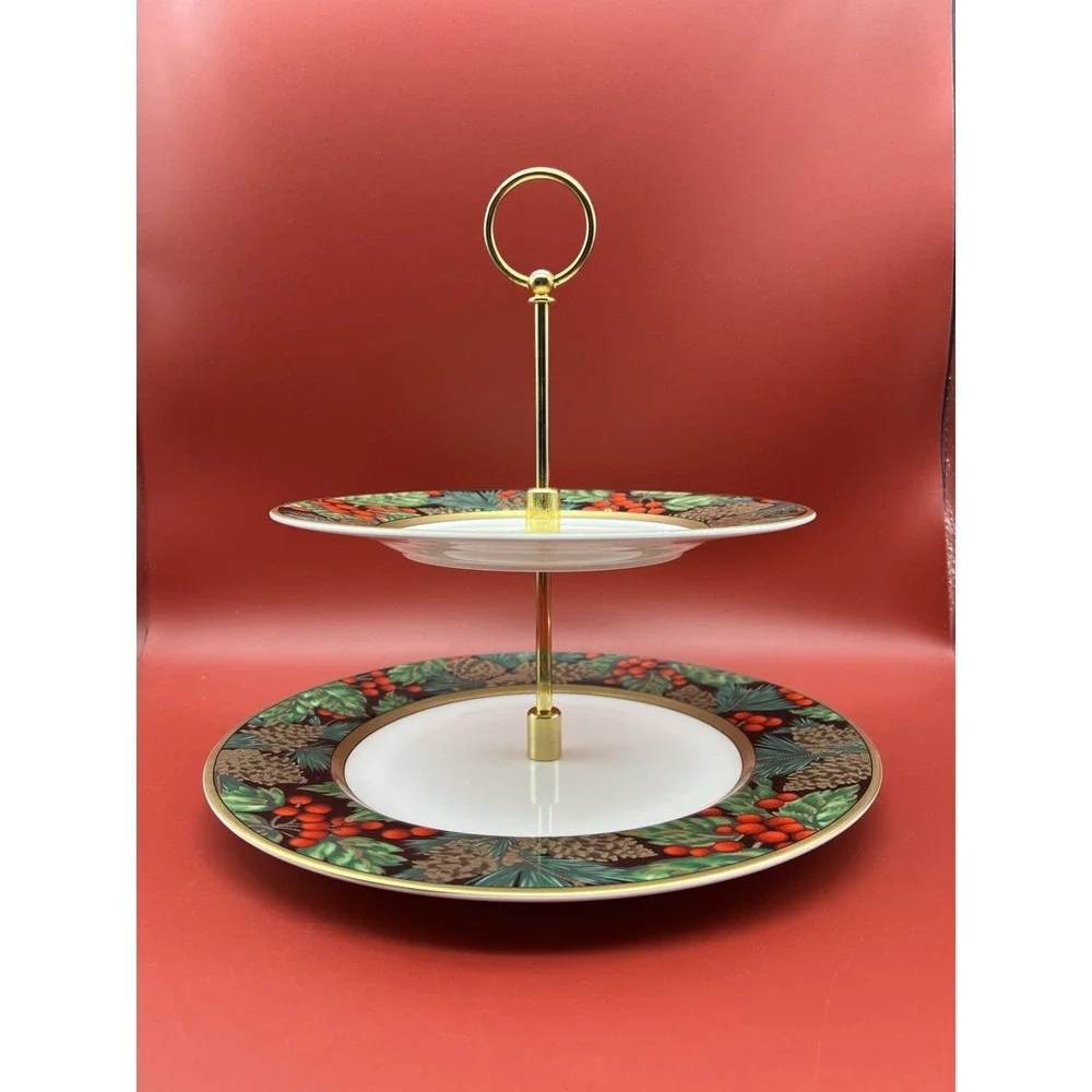 Fitz & Floyd Holiday Pine Bone China 2 Tiered Cookie Dessert Plate Server
